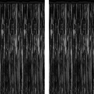 ZATAYE 2 Pack Black Foil Curtain Backdrop Birthday Party Decorations | Black, Metallic Foil, 3.28 x 7.05 FT, Tinsel…