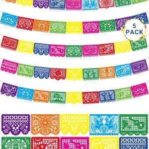 90 FT Fiesta Party Decorations, 5 Pack Cinco De Mayo Banner, Large Plastic Papel Picado Mexican Themed Party Banner Dia De Los Muertos String Flags Colorful Indoor Outdoor Hanging Home Yard Decor