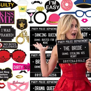 40 Bachelorette Mugshot Signs Plus 34 Photo Booth Props for Engagement & Bachelorette Party Bridal Shower Props - Game and Activity Instructions Included - Party Supply for Birthdays,Stagettes & More