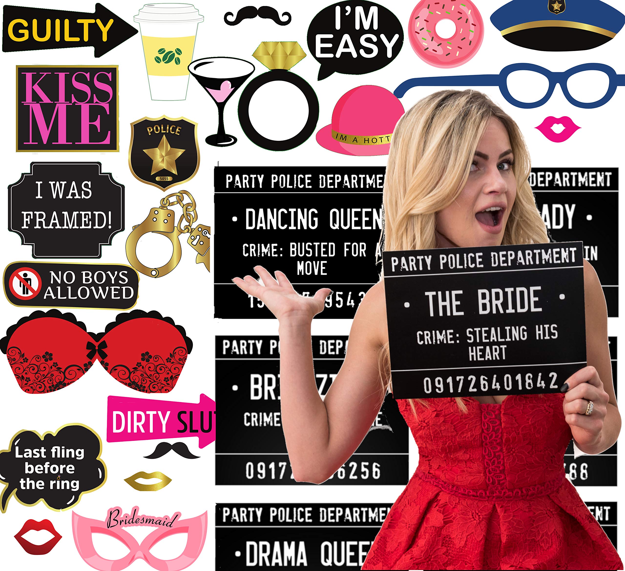 40 Bachelorette Mugshot Signs Plus 34 Photo Booth Props for Engagement & Bachelorette Party Bridal Shower Props - Game and Activity Instructions Included - Party Supply for Birthdays,Stagettes & More