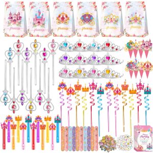 308PCS Princess Birthday Party Decorations Favors, Including Goodie Bags, Crown, Magic Wand, Straws, Bubble Wands, Stickers, Cake Toppers, Tattoo & More-Perfect for Party Decorations & Pinata Fillers