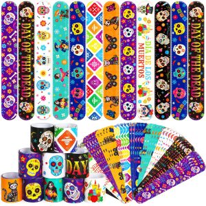 JUNEBRUSHS 56Pcs Day of the Dead Slap Bracelet Party Favors Bulk Set