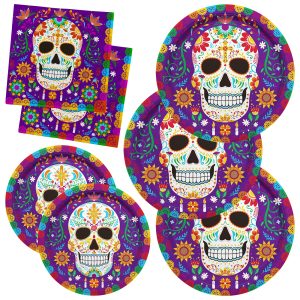Gatherfun Day of the Dead Party Supplies Kit Serve 50, Includes Sugar Skull Dinner Plates, Dessert Plates, Napkins,Dia De Los Muertos Party Decorations