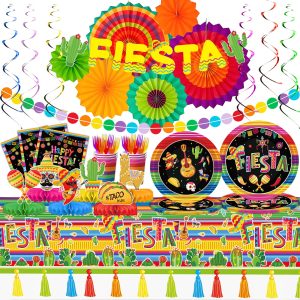 DMIGHT 101PCS Fiesta Party Supplies Set – Plates, Napkins, Fiesta Paper Fans, Banner, Tablecloth, Honeycomb Centerpieces – Perfect for Cinco de Mayo, Mexican Fiesta, and Fiesta Party Decorations