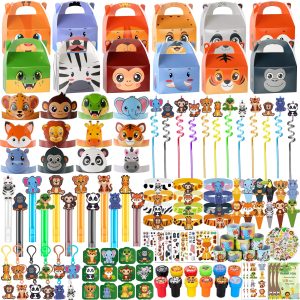 All-in-One - 256 Pcs Wild One Jungle Safari Birthday Party Decorations - Zoo Animal First Birthday Supplies Kit - Includes Favor Boxes, Bubble Wands, Straws, Party Hats, Stickers & Cake Toppers etc