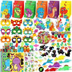 RichSmile 352PCS Dinosaur Party Favors, Dinosaur Birthday Party Decorations Supplies - Stickers Keychains Goodie Bags for Kids Birthday Return Gifts, Dino Slingshot Finger Fidget Toys Bulk