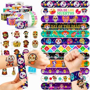 72 Pcs Day of the Dead Party Favors Decorations Tattoos and Slap Bracelets