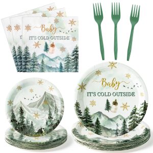 G1ngtar 96Pcs Baby It's Cold Outside Winter Wonderland Snowflake Party Plates Supplies - Party Tableware Decorations Disposable Paper Plates Napkins Forks for Birthday Christmas Baby Shower, Serves 24