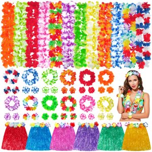 Hawaiian Leis Luau Party Decorations Set, 54Pcs Hawaiian Luau Party Supplies Flower Leis Necklaces Headbands Wristbands Grass Hula Skirt Lays Tropical Summer Beach Birthday Holiday Party Favors