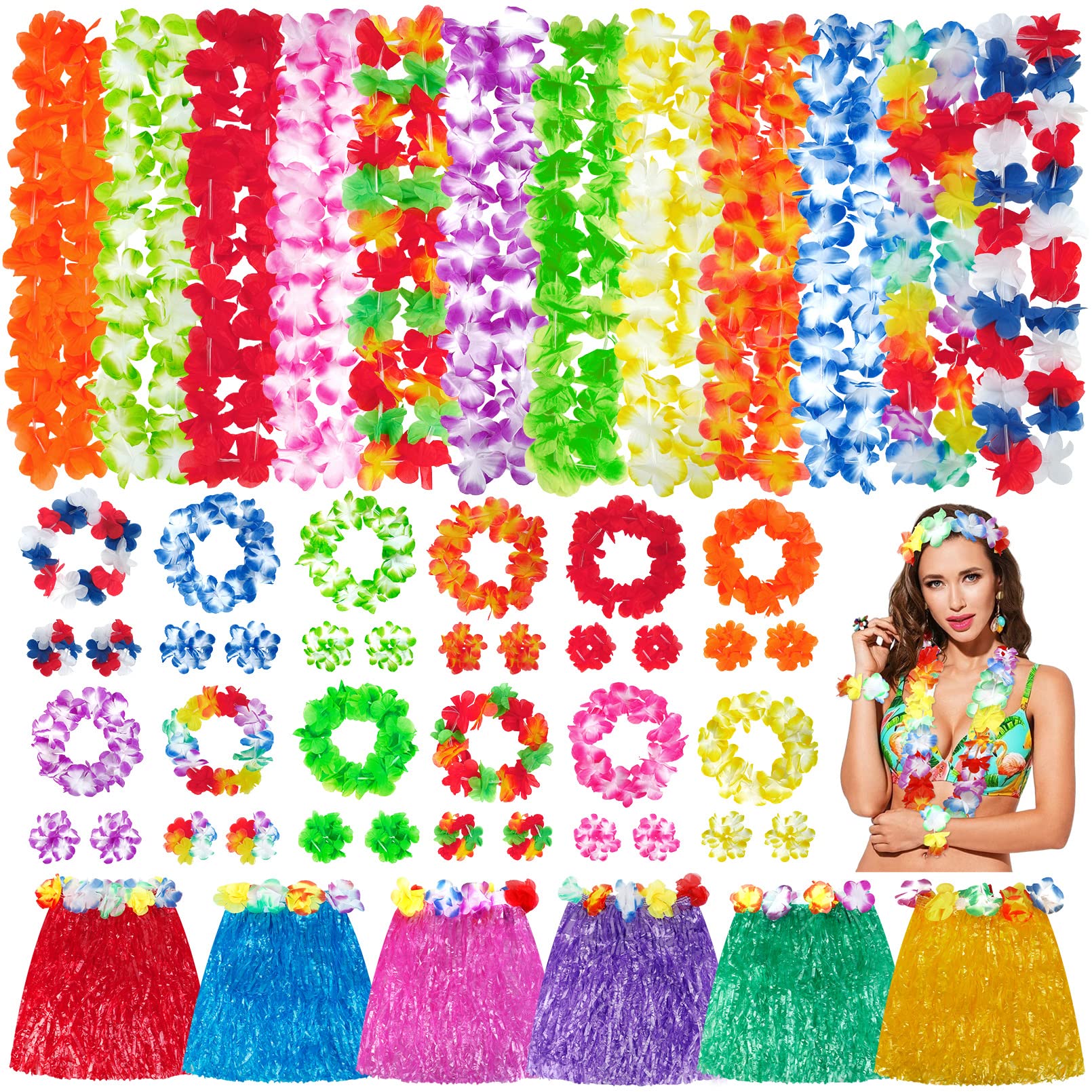 Hawaiian Leis Luau Party Decorations Set, 54Pcs Hawaiian Luau Party Supplies Flower Leis Necklaces Headbands Wristbands Grass Hula Skirt Lays Tropical Summer Beach Birthday Holiday Party Favors