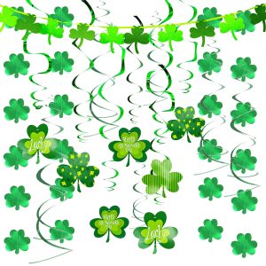 JOYIN 27 Pcs St. Patrick's Day Decoration with Irish Saint Patricks Green Shamrock Foil Strings, Hanging Swirls with Garland. Ceiling Hanging and Wall Decor