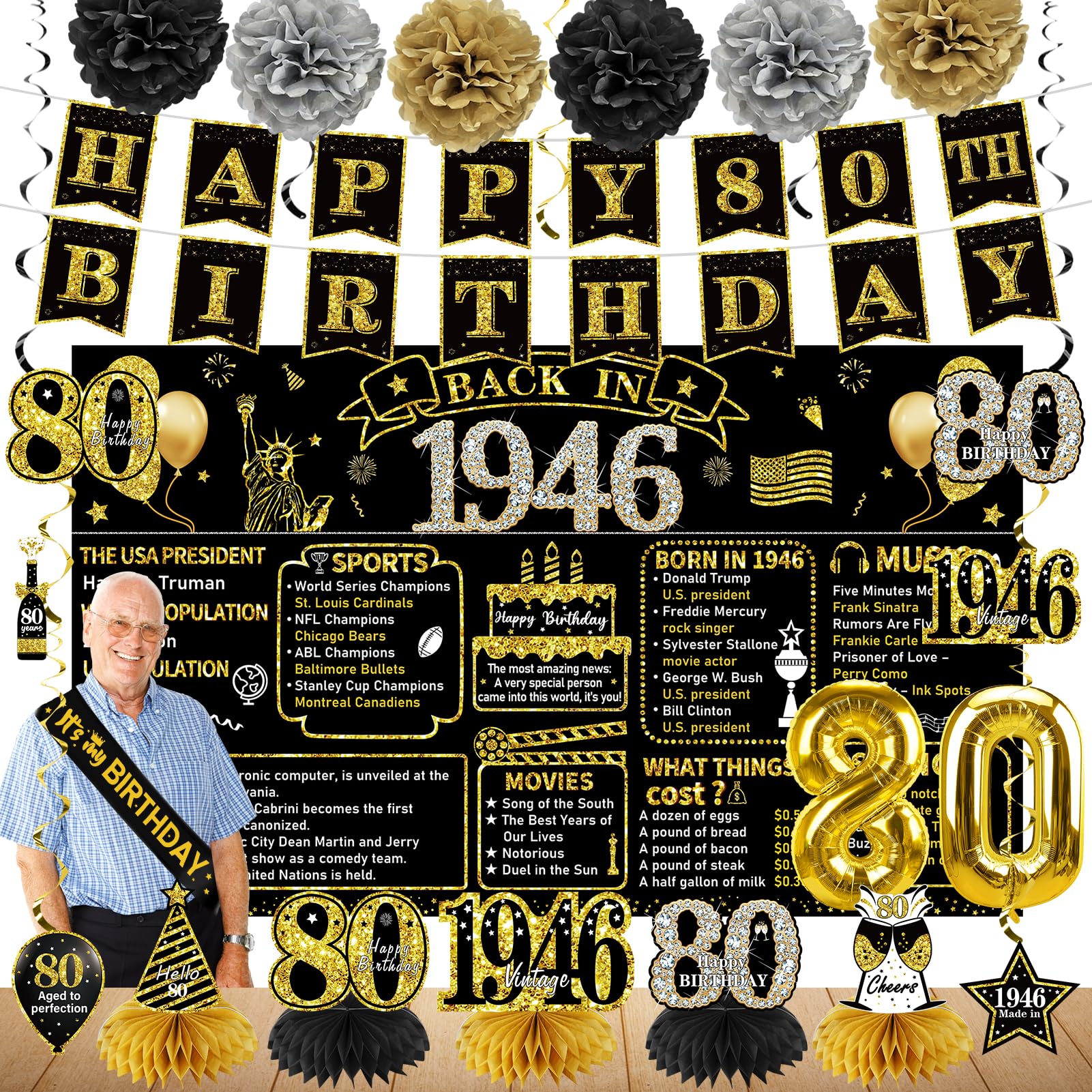 Zirtorei 80th Birthday Decorations for Men Women, 1946 Bday Party Supplies