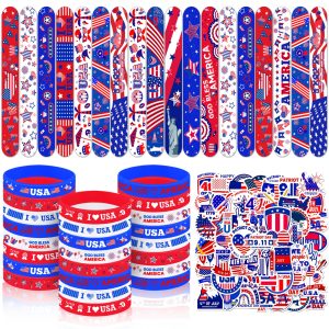 FINDRICH 98PCS 4th of July Favors - USA 250 Patriotic Party Favors with Red White and Blue Silicone Bracelets Slap Bracelets Stickers Gift for Veteran USA 250 Patriotic Accessories