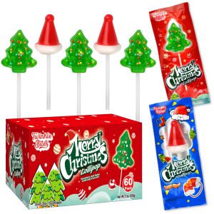60 Pack Christmas Lollipops - Individually Wrapped Christmas Holiday Themed Hat And Tree Lollipops - Colorful Red & Green Designs & Delicious Flavor -Bulk Candy Use For Stocking Stuffers, Party Favor,