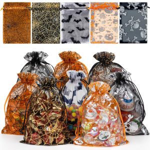 100 Pack Halloween Treat Bags, 4x6 Inch Organza Drawstring Bags for Candy