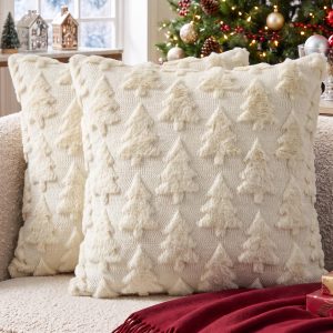 AVOIN colorlife Christmas Tree Beige Throw Pillow Covers Set of 2, 18 x 18 Inch Soft Plush Faux Fur Jacquard Festivals Winter Cushion Case Decoration for Sofa Couch