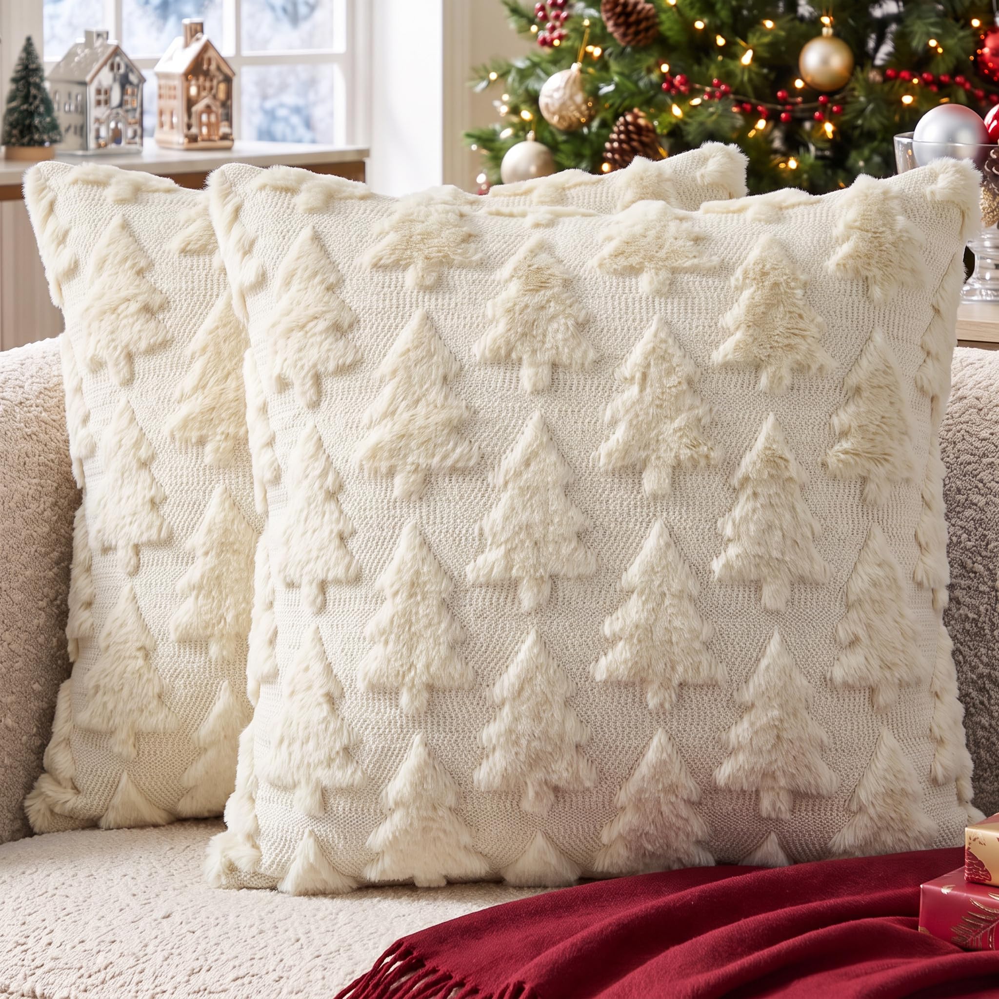 AVOIN colorlife Christmas Tree Beige Throw Pillow Covers Set of 2, 18 x 18 Inch Soft Plush Faux Fur Jacquard Festivals Winter Cushion Case Decoration for Sofa Couch