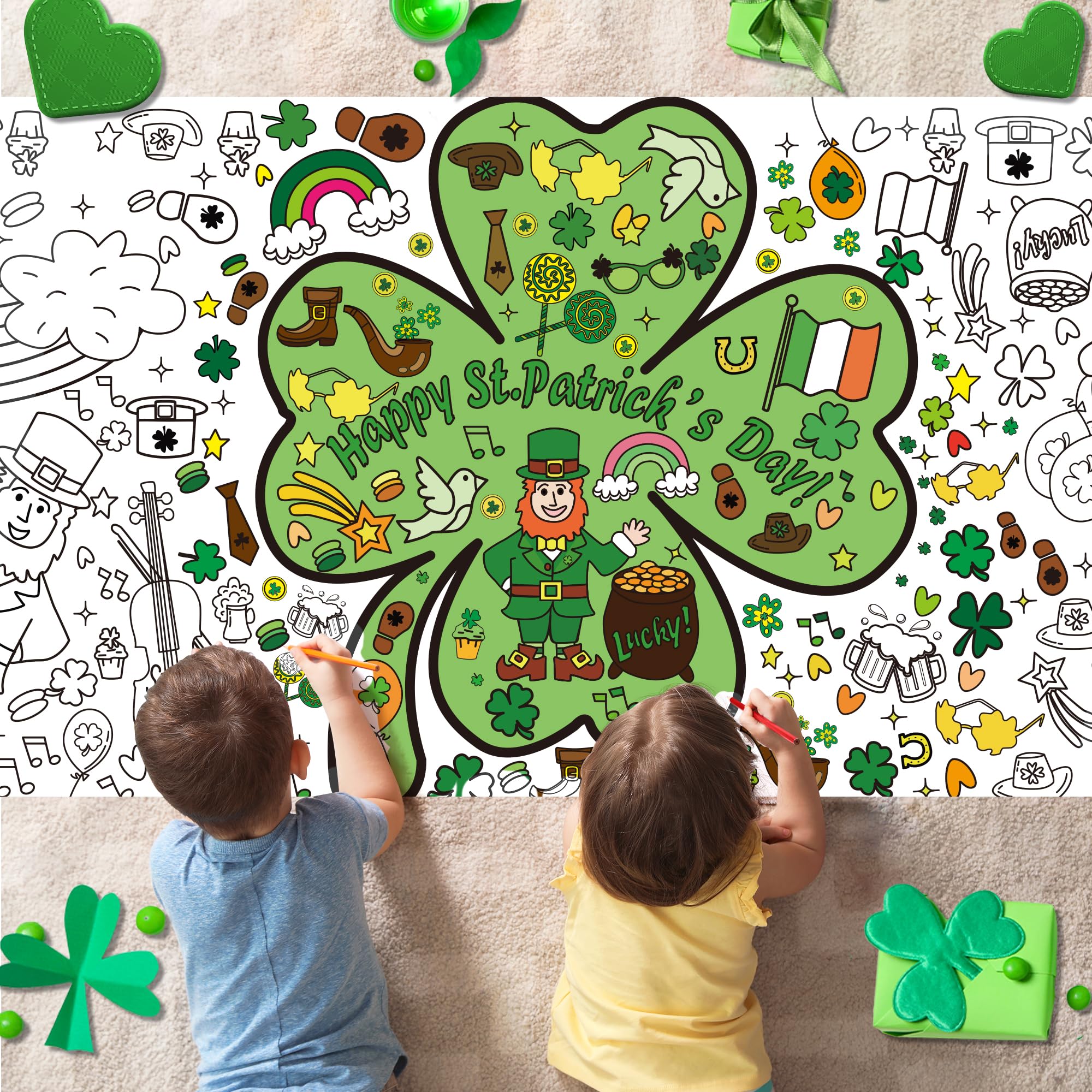 OHOME St Patrick's Day Giant Coloring Poster/Tablecloth - 72×30 Inch St Patricks Day Crafts for Kids,St Patricks Day Gifts Games Activities Toys Decor Party Decorations