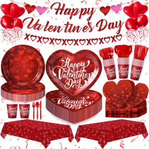 183PCS Happy Valentine's Day Party Supplies,Red Love Heart Disposable Paper Plate Napkin Cup Cutlery for 24 Guest,Banner Tablecloth Balloons for Galentines Anniversary Bridal Wedding Engagement Decor