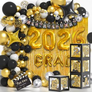 Party Spot！2026 Black and Gold Graduation Party Decorations,124 PCS Graduation Decorations Class of 2026，4 PCS Balloons Boxes with LED Light String & Letters 2026 GRAD So Proud of You