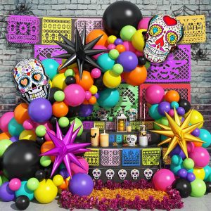 Jobkoo 135 Pcs Day of the Dead Balloon Arch Kit Dia De Los Muertos Decorations Colorful Balloons Garland Sugar Skull Explosion Star Foil Balloon for Halloween Mexican Fiesta Festival Party Supplies