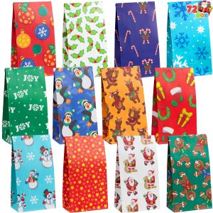 Joiedomi 72 PCS of Christmas Goody Kraft Bags, 12 Assorted Xmas Designs Small Holiday Goodie Gift Bags for Classrooms Party Favors, Christmas Craft Party Treat (9.75" x 3" x 5")