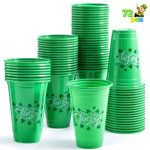 JOYIN 72 Pcs St.Patrick‘s Day 16 oz Cups, Green Disposable Plastic Lucky Clover Cups for Saint Patrick Party Supplies Set, Irish Lucky Day Party Decoration