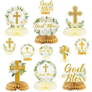 ANGOLIO White Gold Floral Honeycomb Centerpieces - 12Pcs Cross Rose Greenery God Bless Baptism Party Decoration Baby Shower First Communion Birthday Party Supplies for Boy Girl 3D Wedding Table Topper