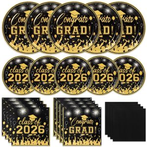 200 Pcs Graduation Party Plates and Napkins Graduation Decoration Black and Gold Class of 2026 Disposable Paper Plates Luncheon Napkins Cocktail Napkin for Congrats Grad Party Decoration,Serve 50