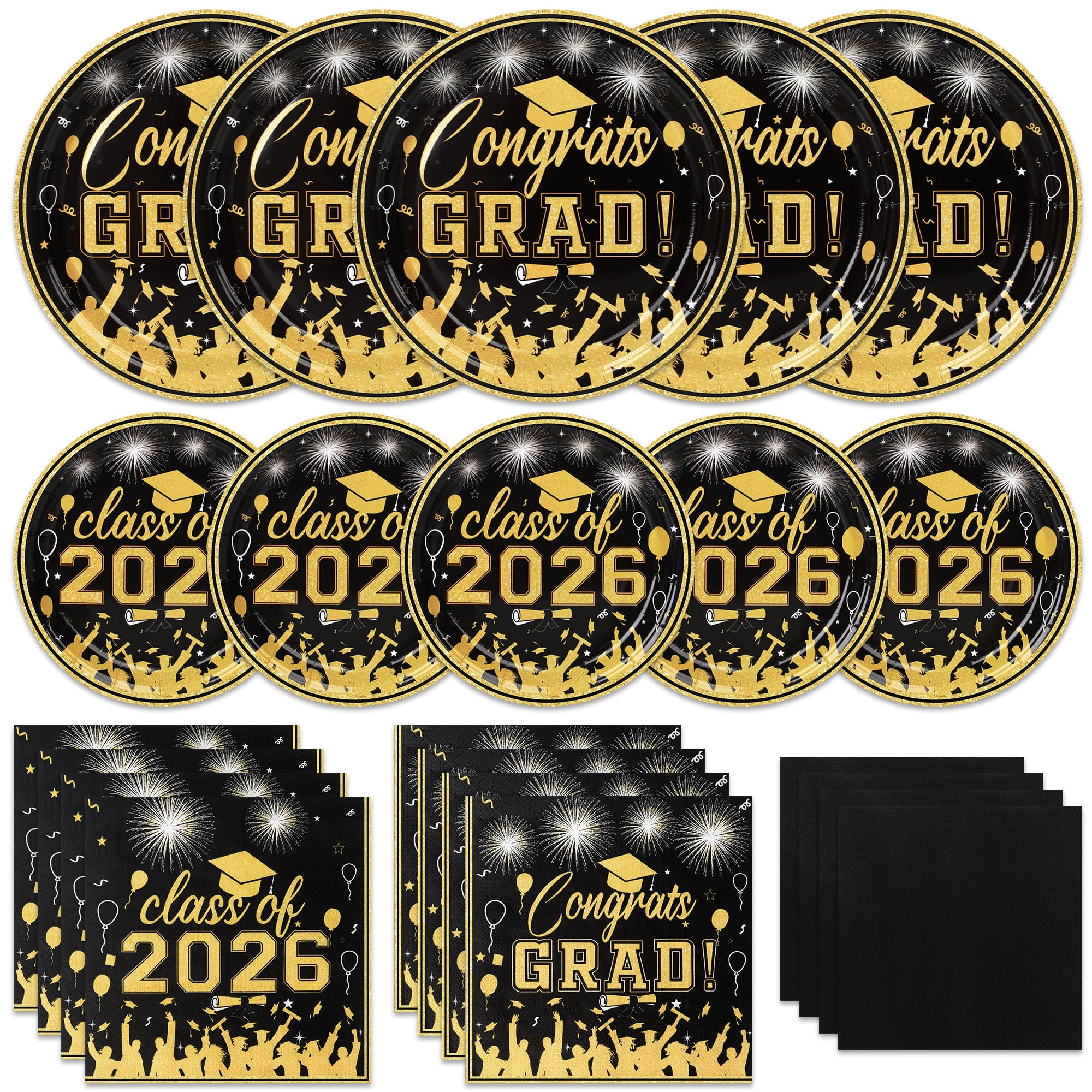 200 Pcs Graduation Party Plates and Napkins Graduation Decoration Black and Gold Class of 2026 Disposable Paper Plates Luncheon Napkins Cocktail Napkin for Congrats Grad Party Decoration,Serve 50