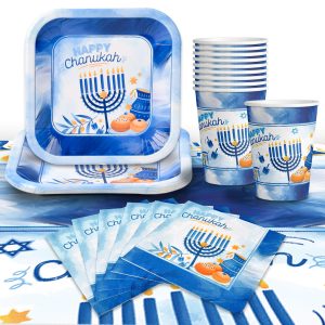 Hanukkah Plates And Napkins Set - Hanukkah Party Set - 7" And 9" Plates, Cups, Napkins and Tablecloth - Serves 20