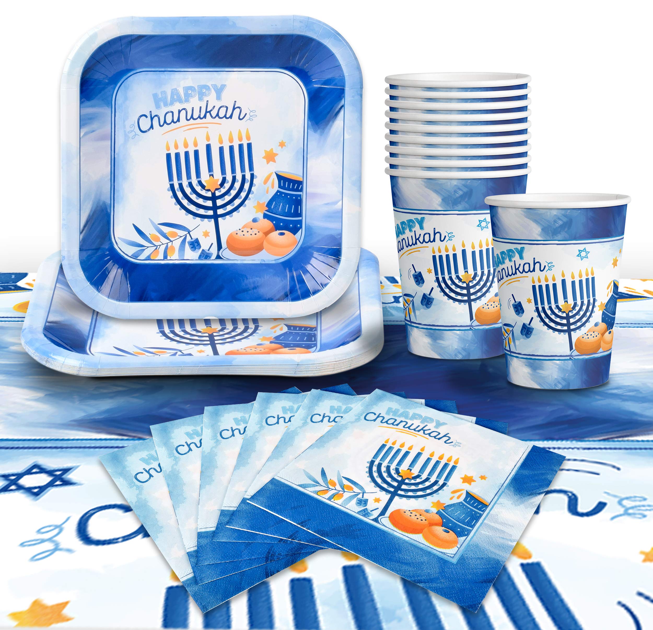 Hanukkah Plates And Napkins Set - Hanukkah Party Set - 7" And 9" Plates, Cups, Napkins and Tablecloth - Serves 10