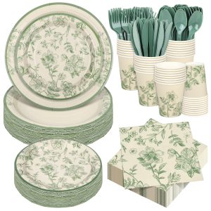 Kochorie 400 Pieces Sage Green Disposable Tableware Sets, Green and White Flower Party Supplies Set with Plates Cups Napkins Cutlery Serves 50 for Wedding Birthday Bridal Shower Party Decorations