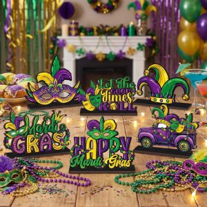 Yuntau 6 Pcs Mardi Gras Wooden Table Decorations, Carnival Signs