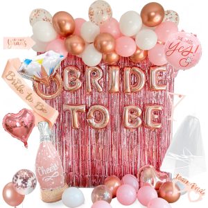 VIDAL CRAFTS Rose Gold Bridal Shower Decorations, 62-Piece Pink Bachelorette Party Decorations with Bride to Be Banner, Confetti Balloons, Bride Sash, Veil, Fringe Curtain & Photo Props