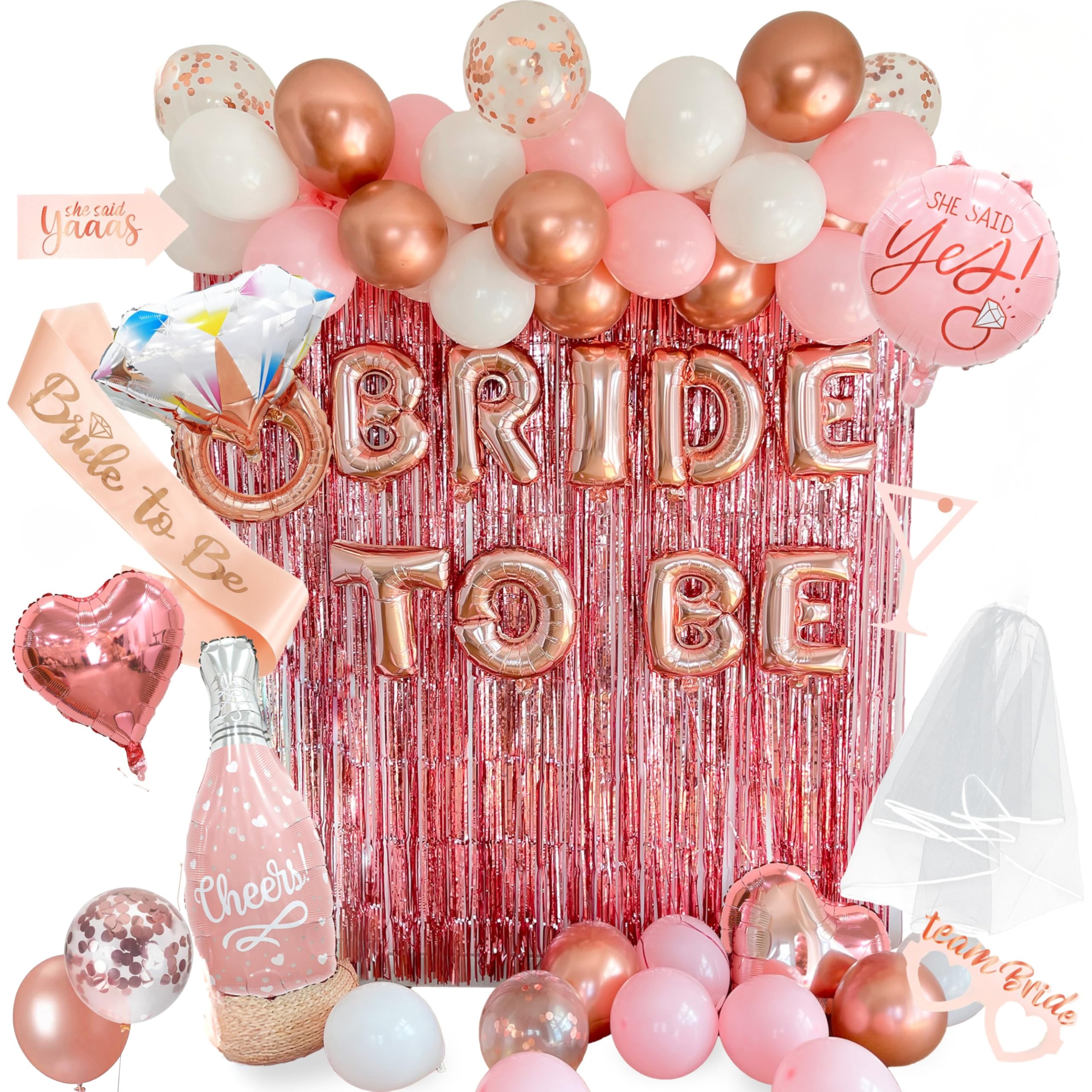 VIDAL CRAFTS Rose Gold Bridal Shower Decorations, 62-Piece Pink Bachelorette Party Decorations with Bride to Be Banner, Confetti Balloons, Bride Sash, Veil, Fringe Curtain & Photo Props