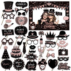 38 Pcs Birthday Photo Booth Props Kit with Frame, Happy Birthday Party Favors Supplies Bday Party Decorations Set for Girls Women Really Glitter Selfie Paper Party Supplies (Rose Gold)