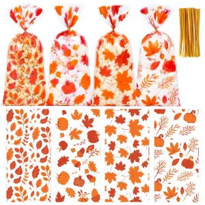 Fall Thanksgiving Cellophane Treat Bags - 50Pcs 5 x 11 Inch Autumn Pumpkin & Maple Leaf Candy Bags with 60 Gold Twist Ties, Plastic Goodie Bag for Cookies, Snacks, Gift Wrapping & Harvest Party Favors