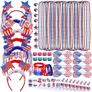 Bulk Patriotic Red White Blue Novelty Jewelry Assortment Patriotic Party Favors Supplies Head Bopper Necklaces Bracelet Glasses Tattoo Stickers for 4th of July Independence Day Memorial Day Parades