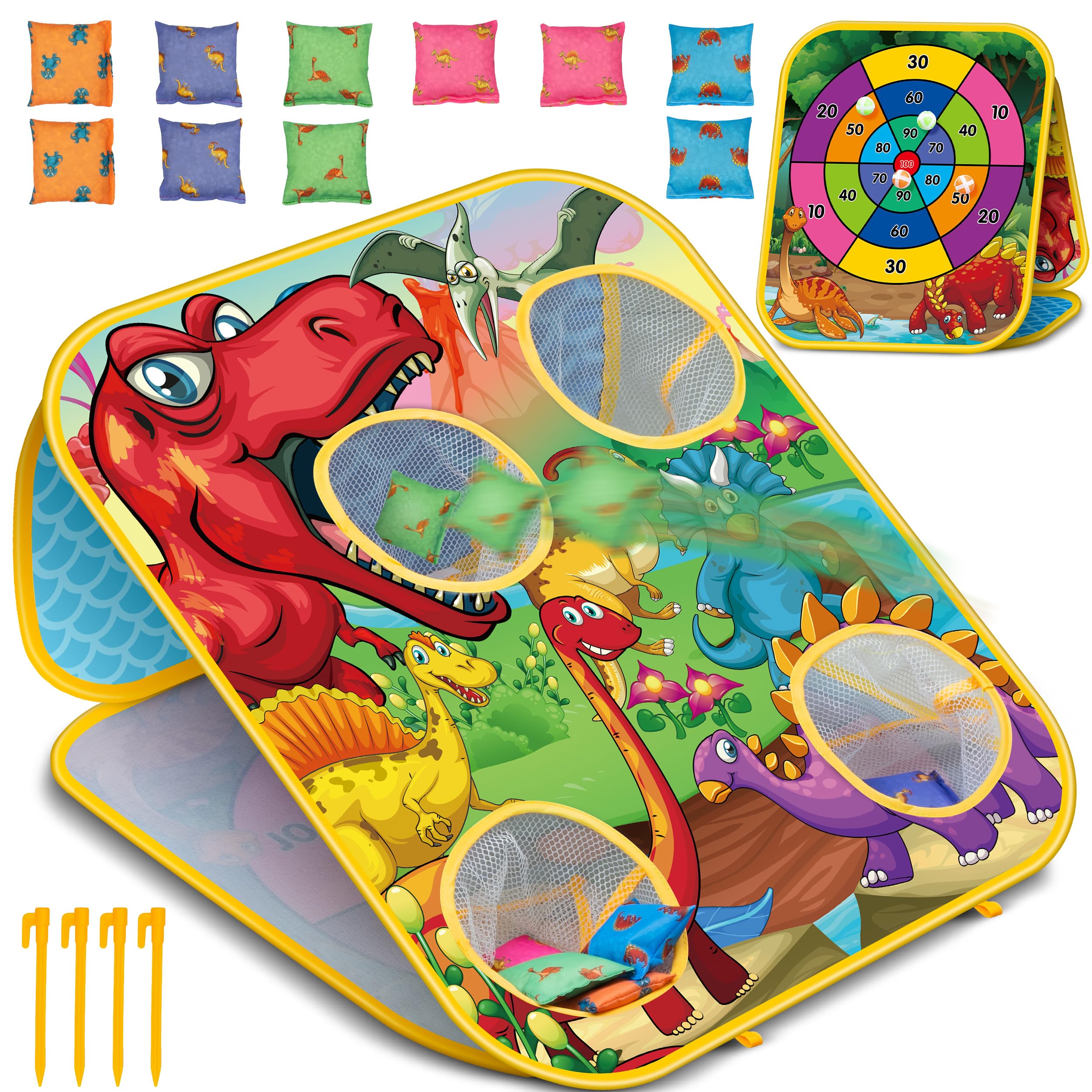 Dinosaur Bean Bag Toss Game: Outdoor Toys Cornhole Board for Kids Toddlers, Party Activities Carnival Outside Yard Backyard Beach Games for Kids Boys Toddlers Ages 3 4 5 6 7 8 Year Old Birthday Gifts