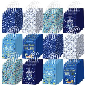 Outus 48 Pcs Hanukkah Favor Bags Blue Menorah Star of David Goodie Bags