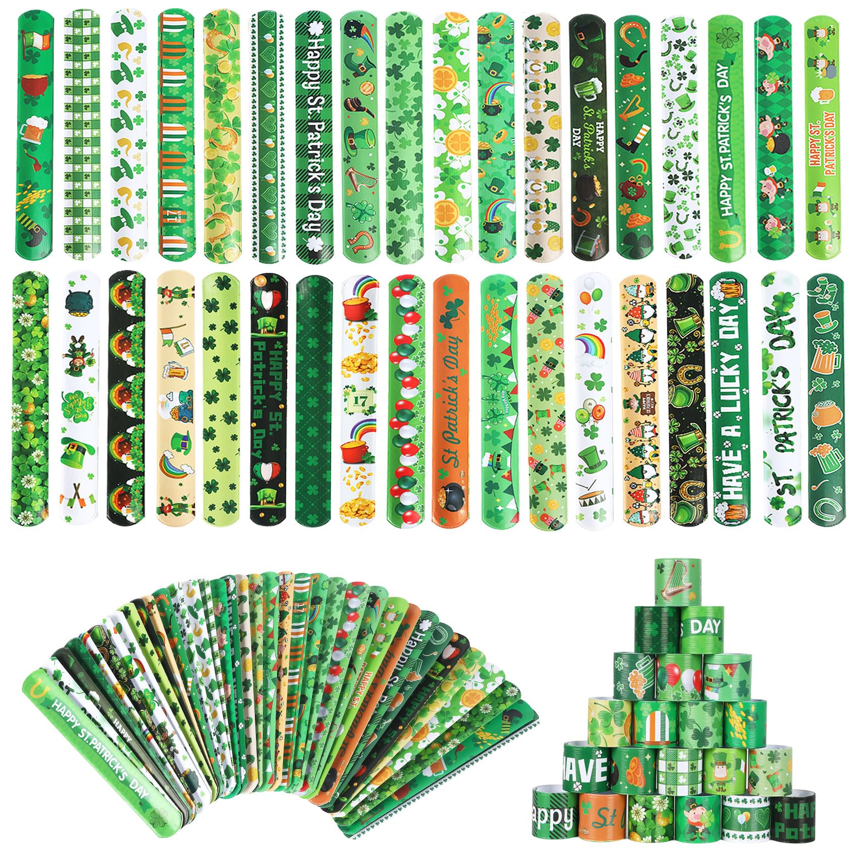 St Patricks Day Slap Bracelets, 36 PCS St Patricks Day Gifts, St Patrick Day Party Favors, Shamrock Snap Bracelets Wristbands Bulk, Slap Bracelets Holiday Goodie Bag Stuffers Classroom Prizes