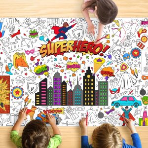JOYGATHER Superhero Coloring Tablecloth for Kids, Fun 30x72 Inch Poster with Capes, Masks, Comic Bursts, Perfect for Boy Birthday Party Games, Action-Themed Decorations, Event Supplies