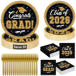 QZYL 200Pcs Graduation Party Supplies 2026, Black and Gold Graduation Plates and Napkins, Disposable Grad Dessert Plates and Plastic Forks, Graduation Party Tableware for 50 Guests
