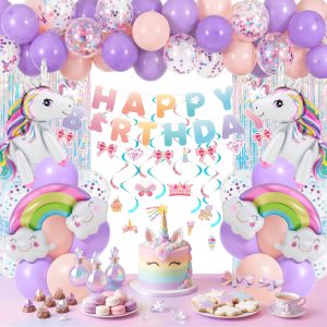 JOYIN Unicorn Magical Rainbow Birthday Party Decorations, 76PCS Unicorn Party Supplies with Banner, Foil & Latex Balloons, Spiral Swirls and Tinsel Curtains for Baby, Boys, Girls, Men & Women