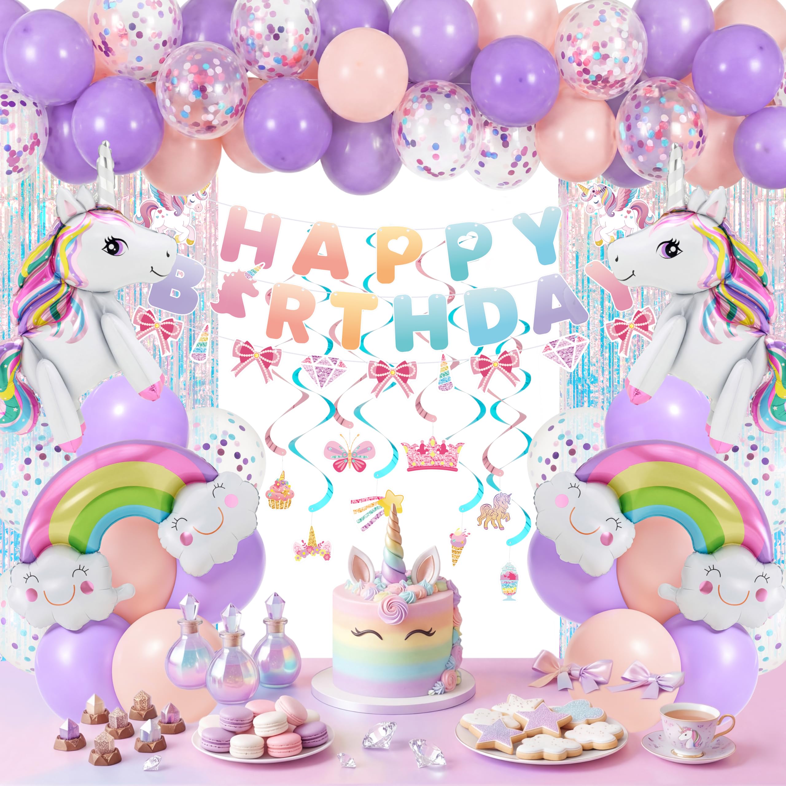 JOYIN Unicorn Magical Rainbow Birthday Party Decorations, 76PCS Unicorn Party Supplies with Banner, Foil & Latex Balloons, Spiral Swirls and Tinsel Curtains for Baby, Boys, Girls, Men & Women