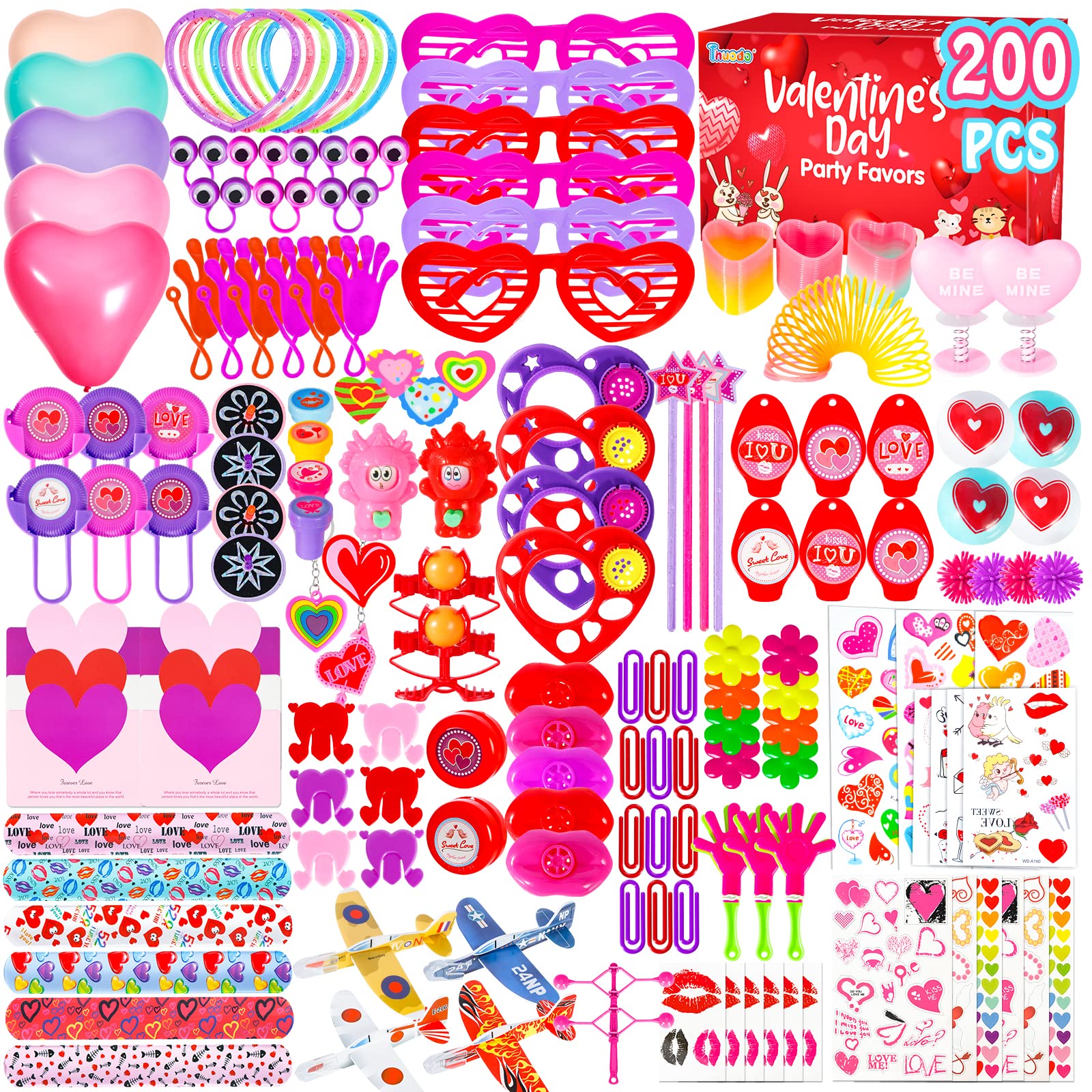 Thuodo 200pcs Valentines Party Favors Toys Assortment, Valentines Day Gifts for Kids as Valentine Classroom Prizes Rewards Bulk Goodie Bag Stuffers Birthday Party Supplies(Valentines)