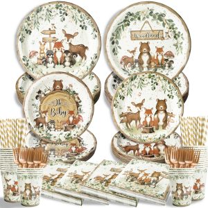 300Pcs Woodland Baby Shower Party Supplies - Serves 50 Guests, Safari Jungle Animal Party Decorations Include Plates and Napkins, Cups, Straws, Forks