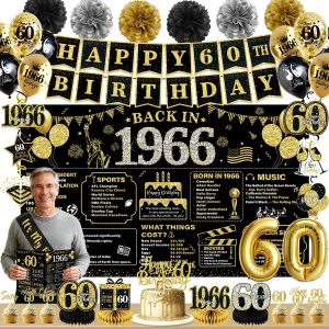 60th Birthday Decorations for Men Women Black Gold, 63PCS Pre-Strung Happy Birthday Banner with Backdrop, Balloons, Centerpieces & Hanging Swirls, 60 Year Old Birthday Party Supplies Decorations