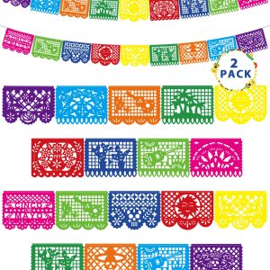 36 FT Cinco De Mayo Decorations, 2 Pack Mexican Party Banner, Plastic Fiesta Banner Colorful Papel Picado Hanging Banner String Flags Mexican Theme Party Dia De Los Muertos Day of the Dead Decor